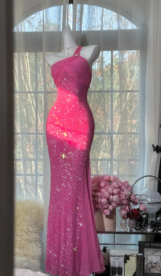Sparkly One Shoulder Sequin Chiffon Mermaid Evening Dress Hot Pink Long Birthday Dress SP1668