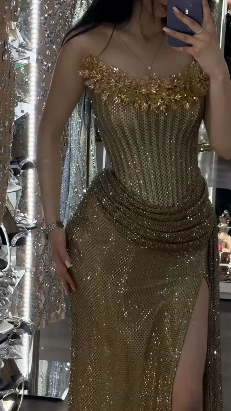 Gorgeous Gold Sequin Pleated With Split Beaded Party Dresses Strapless Long Evening Gowns SP4120