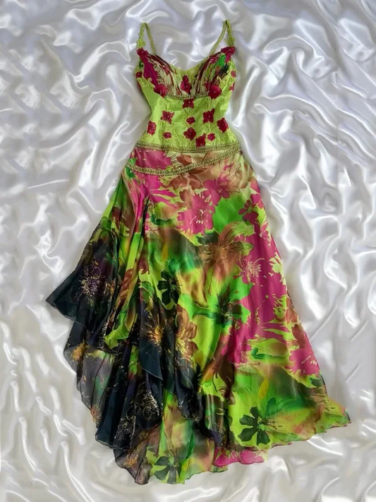 Beautiful Spaghetti Straps Chiffon Printed Floral Long Prom Dress Birthday Party Dress Y9931