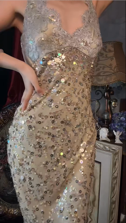 Sparkly V Neck Sequin Lace Mermaid Long Party Dress Birthday Prom Dresses SP1251