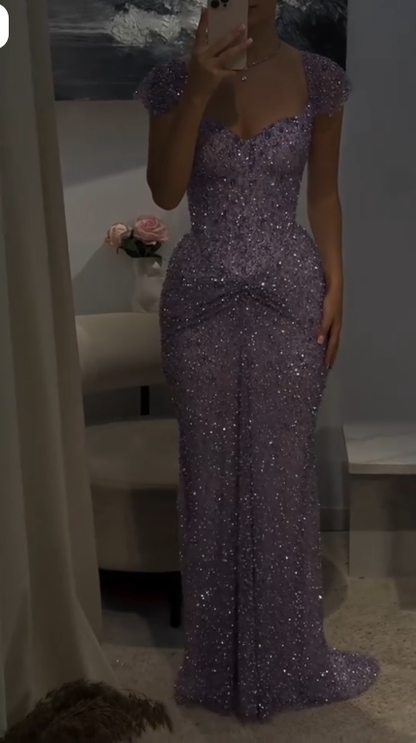 Shiny Purple Tulle Beaded Mermaid Long Party Dress,Off The Shoulder Long Wedding Guest Dress SP3407