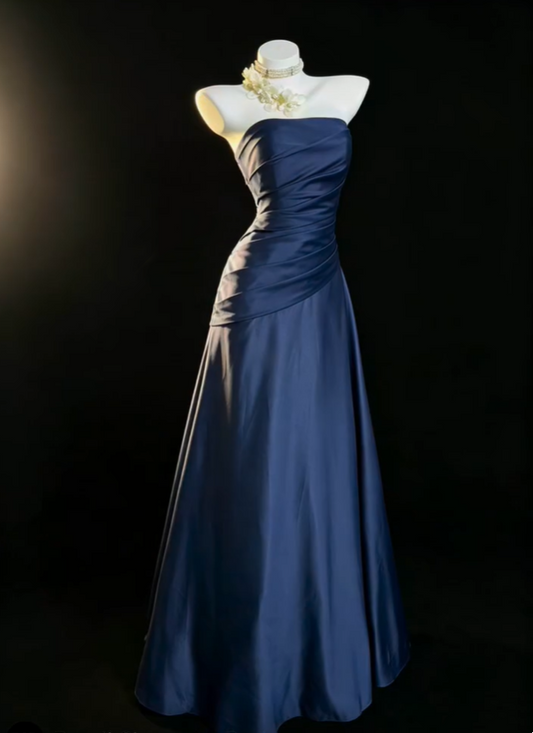Fashion Strapless Satin Pleated Long Party Dress,Navy Blue A Line Long Prom Gown SP2762