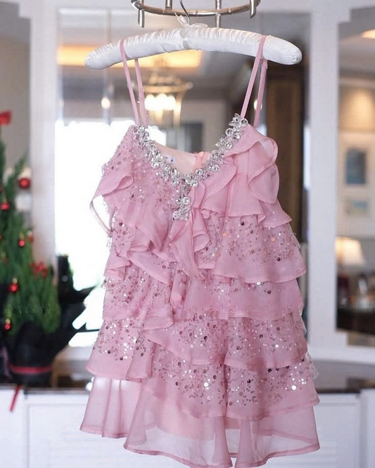 Charming Spaghetti Straps Chiffon Sequin Beaded Layered Short Birthday Dress,Pink Homecoming Dress SP2656