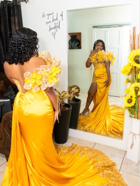 Gorgeous Yellow One Shoulder Satin Sequin 3D Floral Long Party Dress Evening Dress SP3176