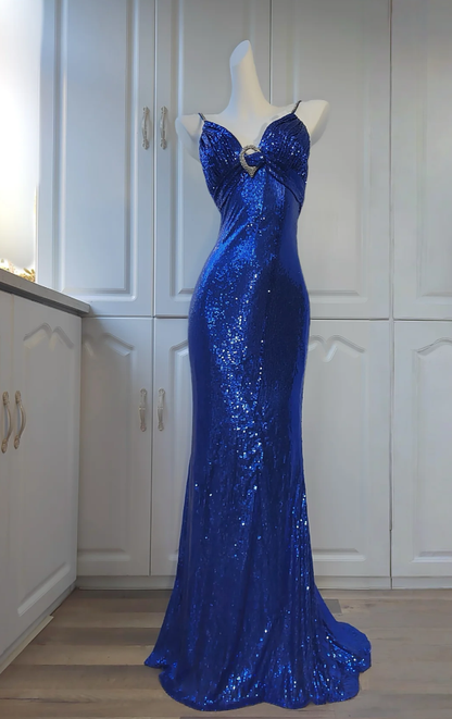 Charming Spaghetti Straps Royal Blue Sequin Prom Gown Long Mermaid Party Dress SP352