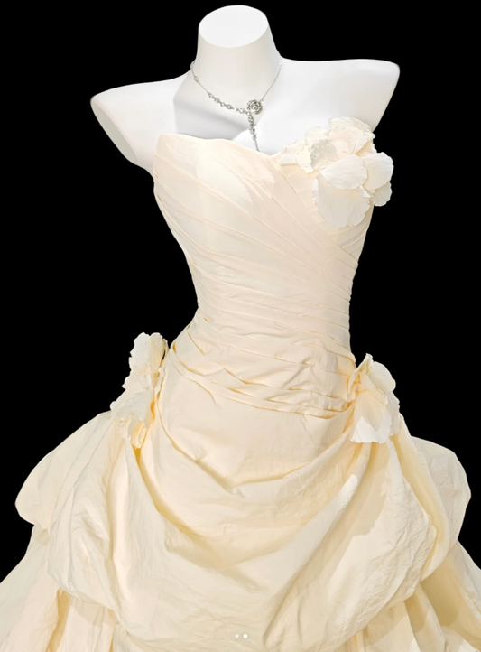 Pretty Strapless Yellow Satin Pleated Layered Long Party Dress Prom Gowns With Appliques SP1929