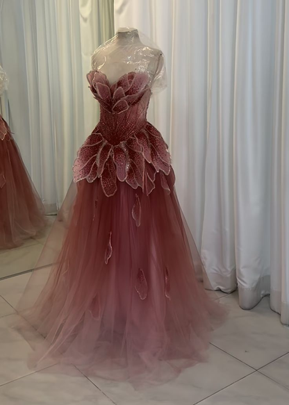 Gorgeous Strapless Ombre Tulle Sequin Beaded Petals Long Prom Dress Party Gown SP495