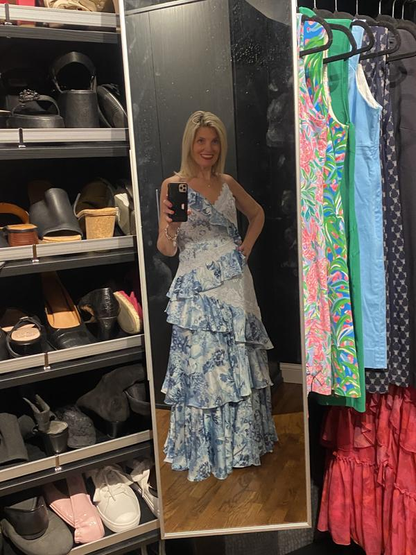 Gorgeous Blue Sleeveless V-Neck Lace Ruffle Tiered Evening Dress,Formal Prom Dress Y8460