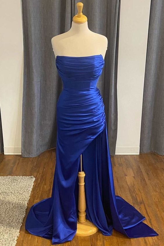 Blue Satin Strapless Mermaid Long Formal Dress with Slit Y5741