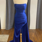 Blue Satin Strapless Mermaid Long Formal Dress with Slit Y5741