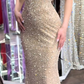Charming Spaghetti Straps Champagne Sequin Beaded Mermaid Evening Dress Long Prom Gown SP798