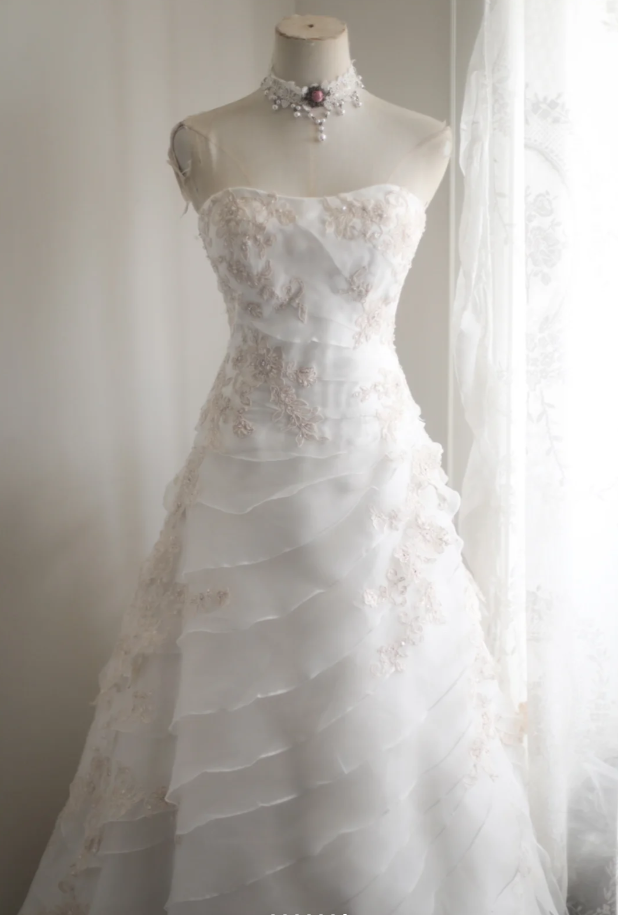 Vintage Strapless White tulle Layered Mermaid Long Wedding Dress Bridal Dress SP1247