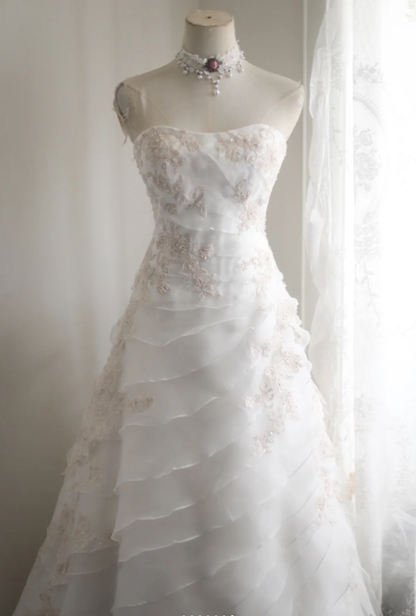 Vintage Strapless White tulle Layered Mermaid Long Wedding Dress Bridal Dress SP1247