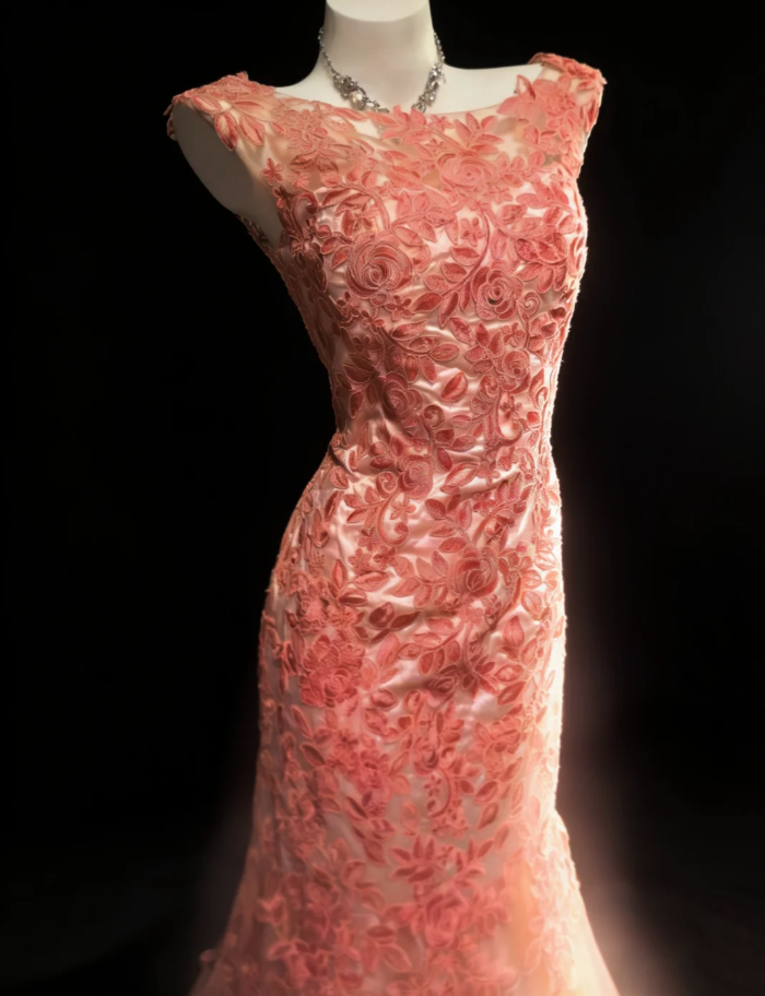 Pretty Rose Pink Sleeveless Tulle Rose Floral Lace Mermaid Long Party Dress Evening Gown SP1588