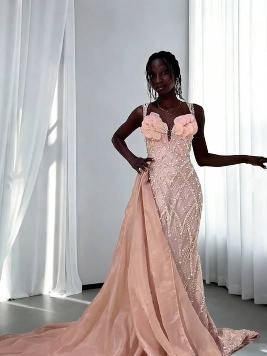 Princess Pink Spaghetti Straps Satin Tulle Sequin Beaded Mermaid Long Evening Dress Birthday Prom Gowns SP1813