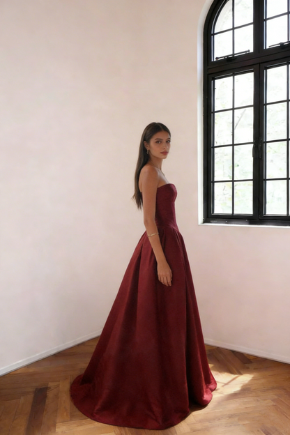 Classy Burgundy Strapless Satin Pleated Long Evening Dress Formal Wedding Guest Dress SP1732