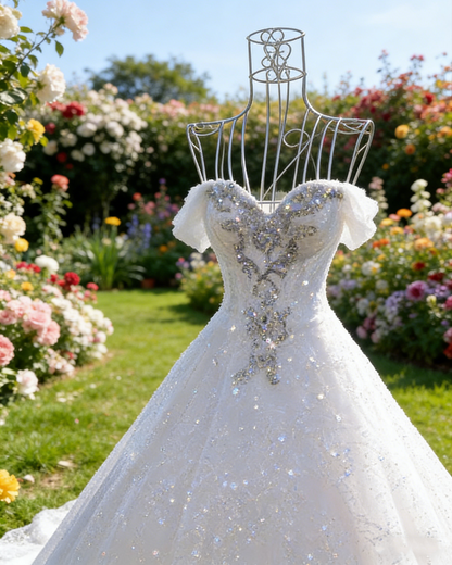 Off The Shoulder White Wedding Dress Shiny Evening Dress Y48