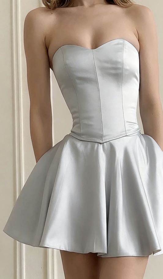 Fashion Light Silver Gray Satin A Line Short Homecoming Dress,Strapless Mini Prom Dress SP3082