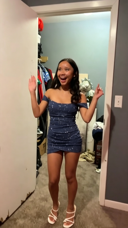 Shiny Off The Shoulder Satin Sequin Sheath Cocktail Dress,Navy Blue Short Graduation Homecoming Dress SP3302
