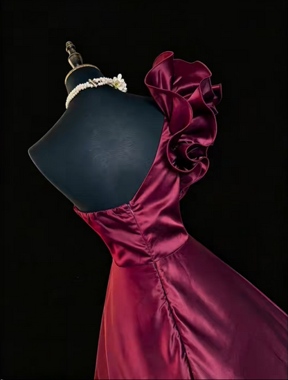 Vintage One Shoulder Ball Gown Burgundy Satin Ruffles Long Party Dress SP2768