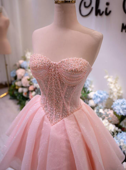 Glitter Pink Sweetheart Neck Tulle Beaded A Line Short Birthday Outfits Homecoming Dress With Bow SP3465