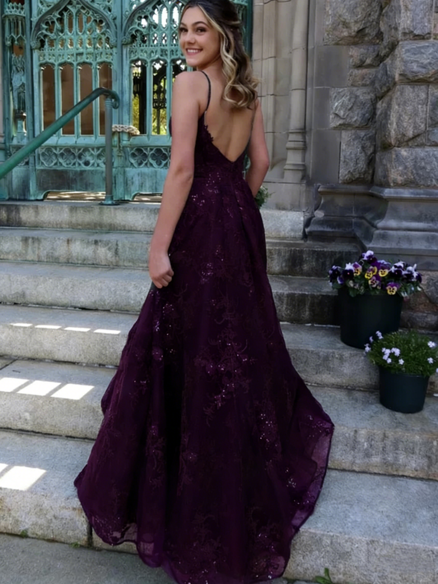 A Line V Neck Green Lace Long Prom Dresses, Green Lace Formal Dresses, Green Evening Dresses Y4079
