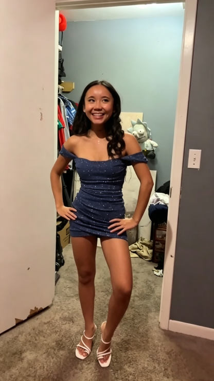 Shiny Off The Shoulder Satin Sequin Sheath Cocktail Dress,Navy Blue Short Graduation Homecoming Dress SP3302