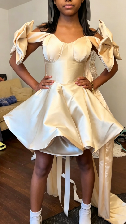 Elegant Light Champagne Satin A Line Short Homecoming Dress,Bow Straps Short Prom Gown SP3006