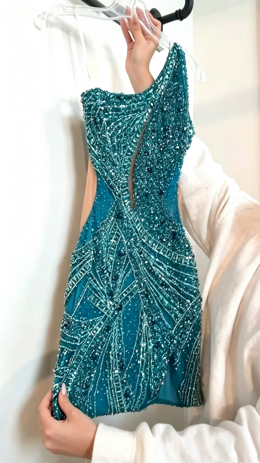 Gorgeous Peacock Blue Satin Beaded Bodycon Mini Homecoming Dress,One Shoulder Short Prom Dress SP3085