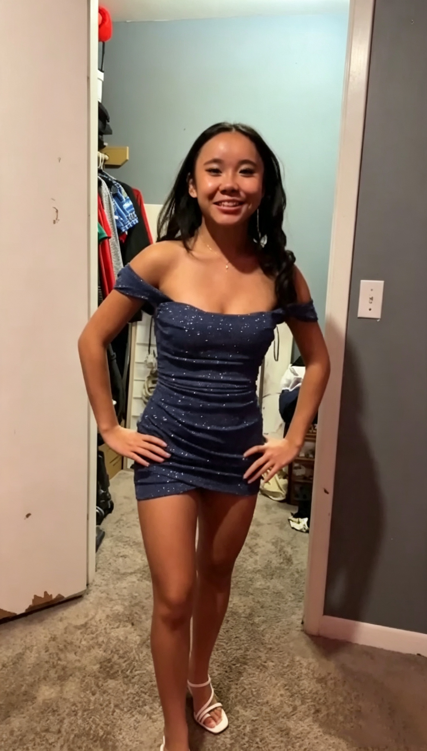 Shiny Off The Shoulder Satin Sequin Sheath Cocktail Dress,Navy Blue Short Graduation Homecoming Dress SP3302