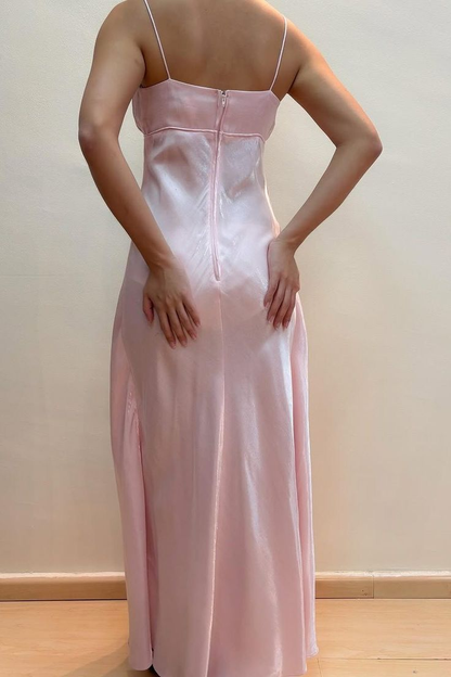 Simple Pink Spaghetti Straps Satin Party Dress Evening Dress Y8730