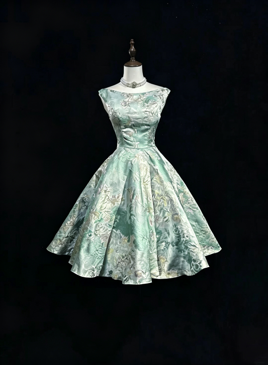Elegant Sleeveless Light Green Satin Print Floral A Line Short Graduation Homecoming Dress SP2927