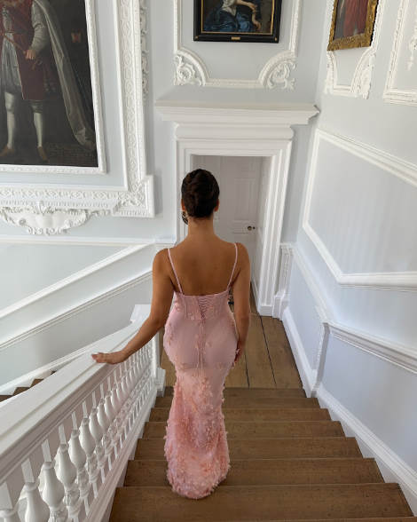 Classy Spaghetti Straps Satin Beaded Appliques Mermaid Party Dress Pink Slit Long Prom Gown SP1036