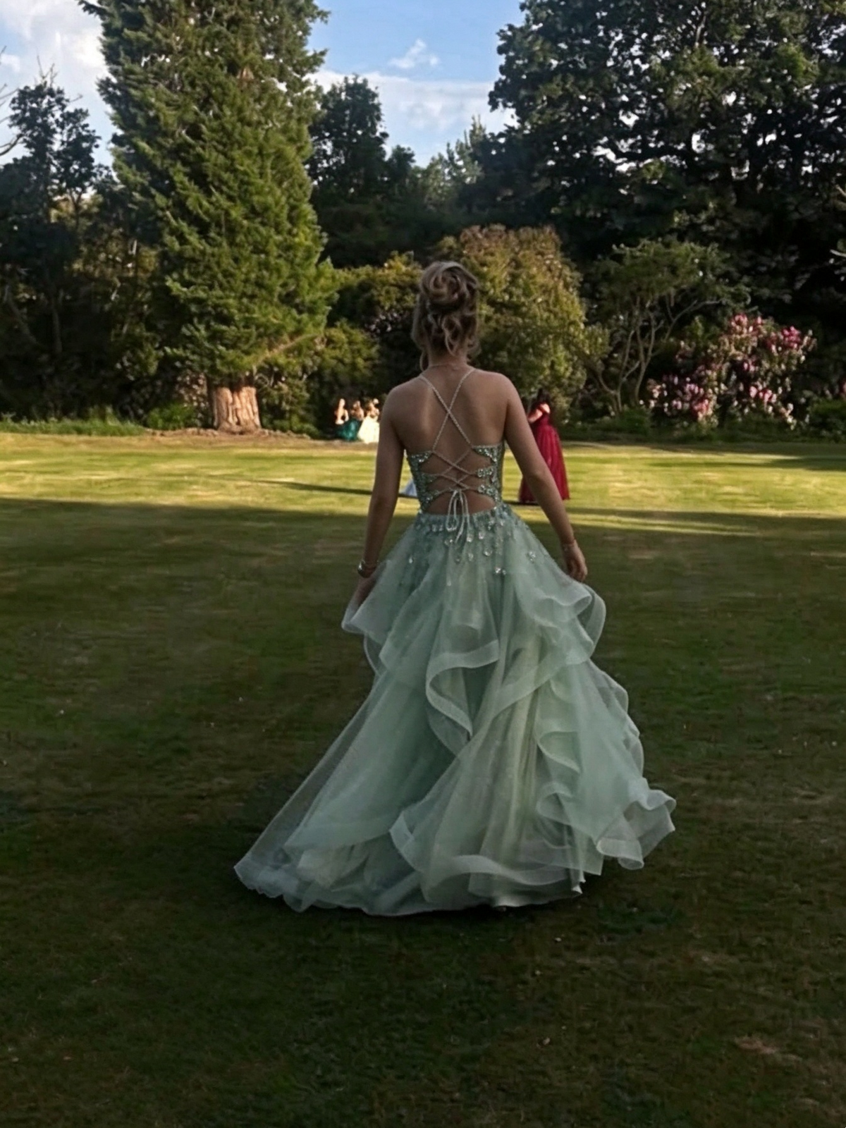 Charming Spaghetti Straps Tulle Sequin Appliques Long Party Dress,Sage Green Long Birthday Prom Dresses SP4020