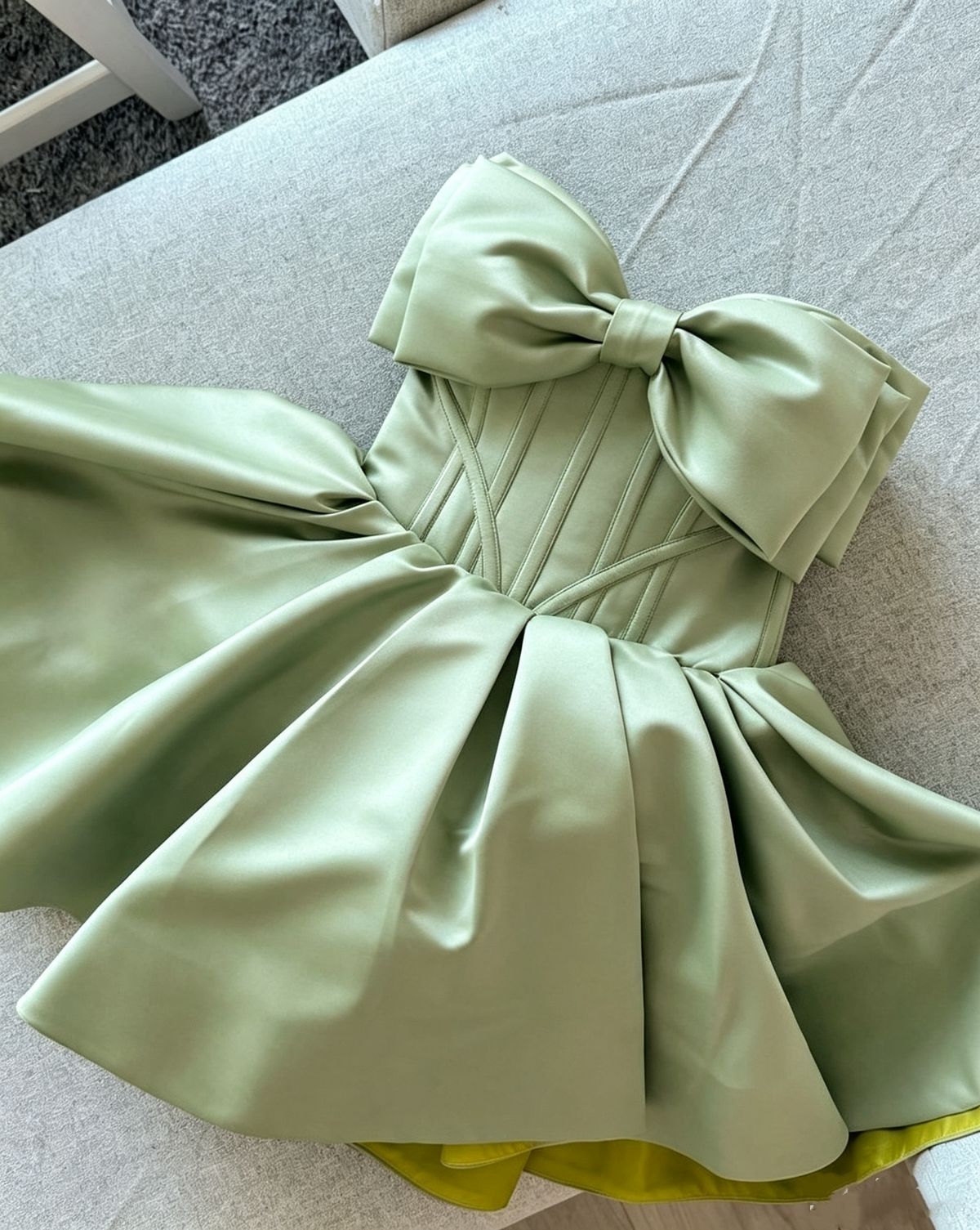 Cute Bow Strapless Satin Short Prom Dress Green Short Middle School Homecoming Dress SP3923