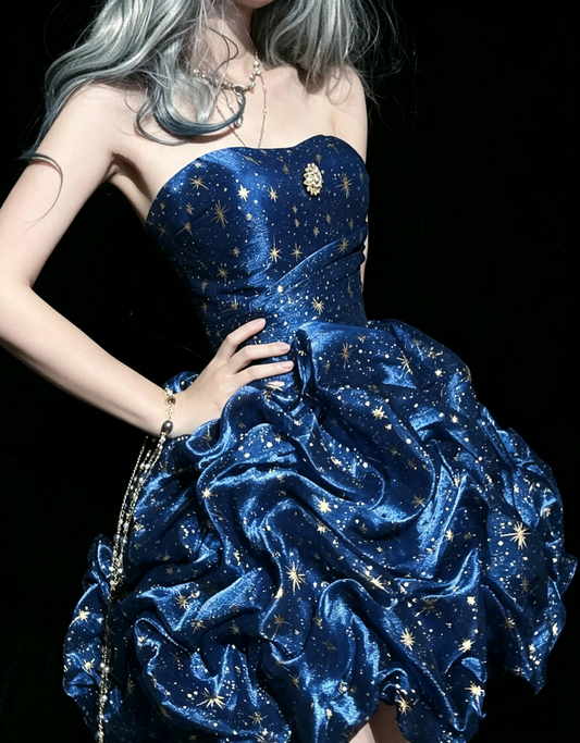 Gorgeous Strapless Navy Blue Pleated A Line Short Graduation Homecoming Dress Short Prom Gown SP2930