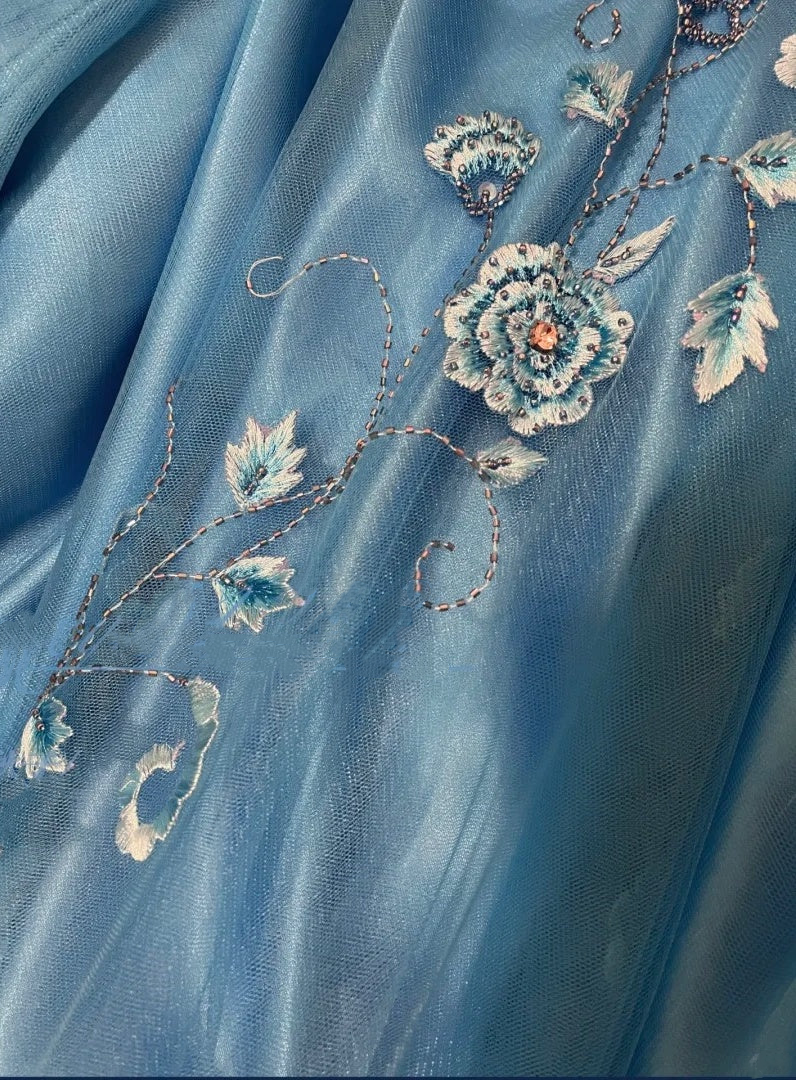 Classy Blue V Neck Satin Embroidery Flowers Beaded Mermaid Party Dress Long Prom Gowns SP411