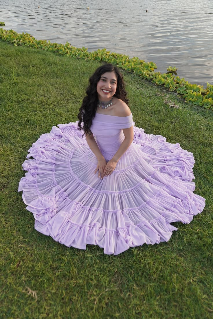 Classy Off the Shoulder Chiffon Tiered Prom Gown Lavender Long Evening Dresses SP2103