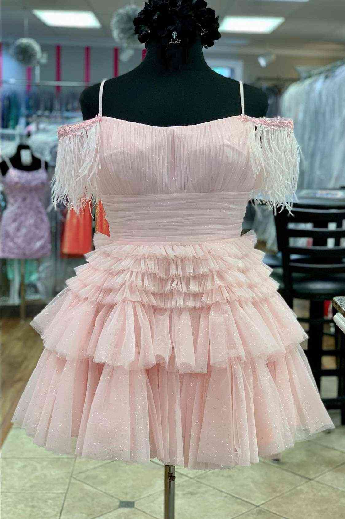 Pleated Hot Pink Cold Sleeves Tiered Tulle Party Dress,Short Homecoming Dress Y1955