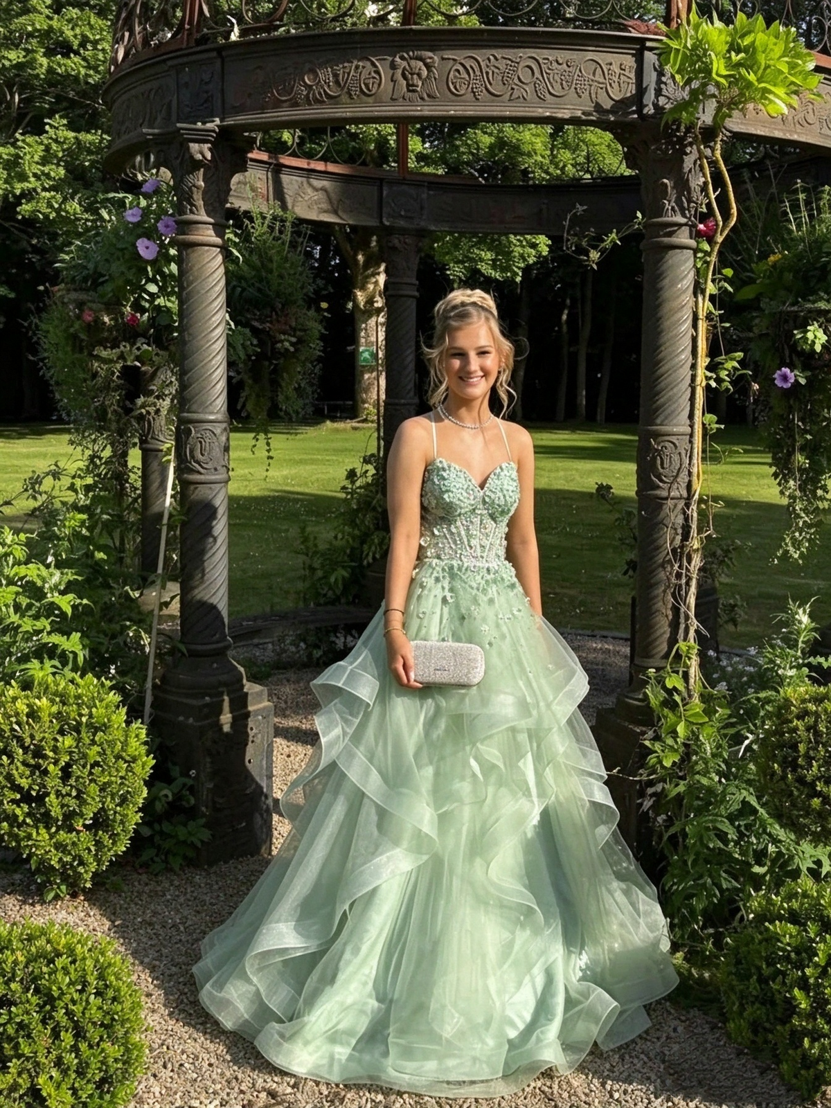 Charming Spaghetti Straps Tulle Sequin Appliques Long Party Dress,Sage Green Long Birthday Prom Dresses SP4020
