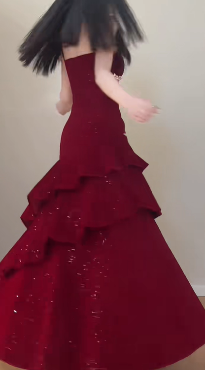 Shiny Spaghetti Straps Red Velvet Sequin Beaded Ruffles Mermaid Party Dress Long Prom Dress SP429