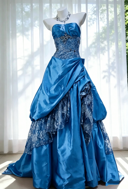 Stunning Pink Strapless Satin Lace Beaded Long Birthday Party Dress Prom Dresses SP1524