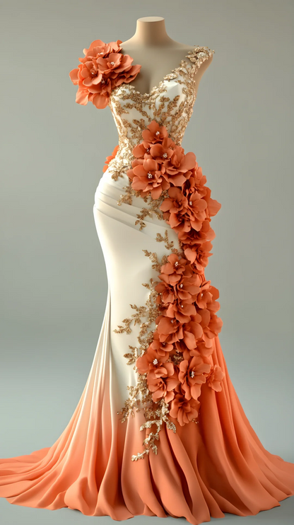 Classy Peony Flower Appliques Chiffon Mermaid Prom Dress Evening Dress Y8567