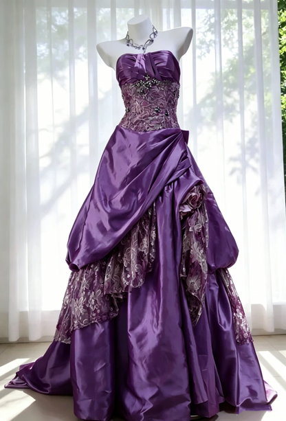 Stunning Pink Strapless Satin Lace Beaded Long Birthday Party Dress Prom Dresses SP1524