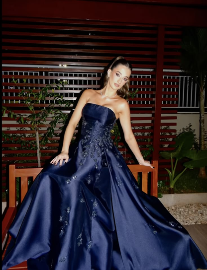 Elegant Navy Blue Satin Beaded Long Party Dress,Strapless Long Birthday Evening Gown SP4142