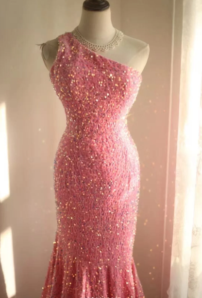 Shiny One Shoulder Pink Sequin Mermaid Evening Dress Long Wedding Guest Dress SP1171