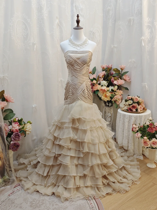 Elegant Strapless Chiffon Ruffled Layered Mermaid Long Wedding Dress Formal Bridal Dress SP2256