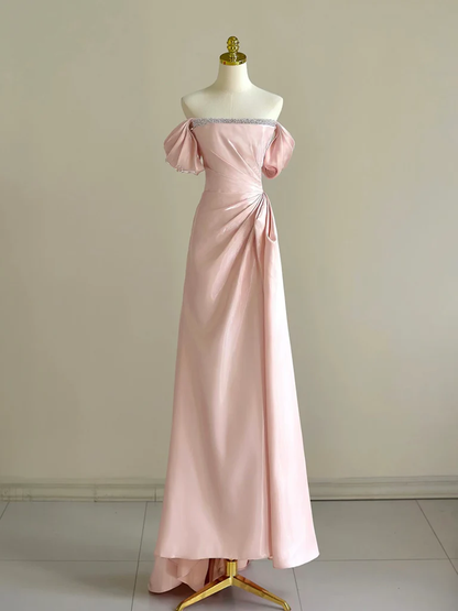 Pretty Off Shoulder Pink Long Prom Dress, Formal Evening Dress With Beads Y8049