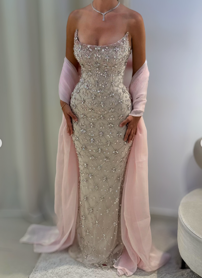 Pretty Sequin Beaded Pink Strapless Mermaid Prom Dress Long Birthday Party Dress SP774