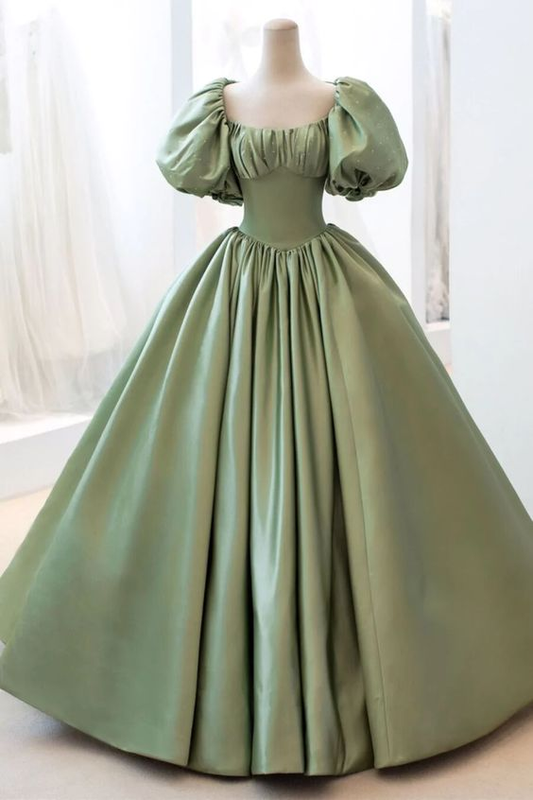 Satin Ball Gown Long Prom Dress Short Sleeves Evening Dress Y4313